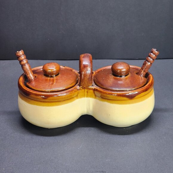 Vintage Stoneware Double Condiment Crock Set with Spoons and Lids - Picture 2 of 10
